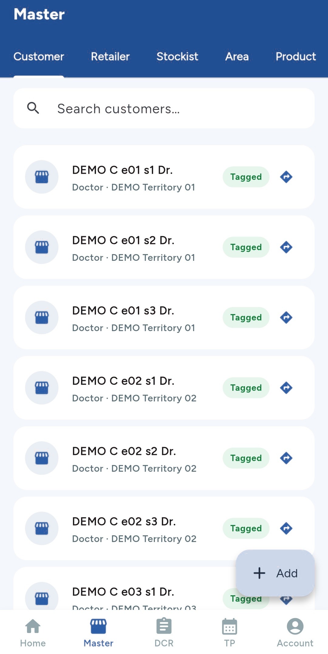 The Master data screen listing doctors by territory, each marked Tagged, with tabs for Customer, Retailer, Stockist, Area and Product.